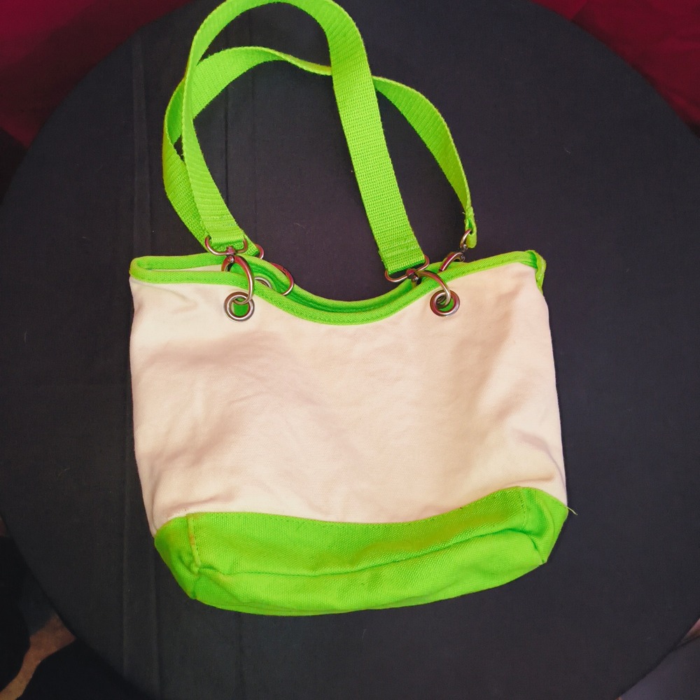 Thirty-One Canvas Crew Shoulder Bag Cream Lime Green Tote Handbag - Picture 5 of 8